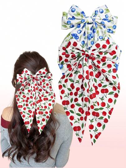 2Pcs Fruit Print Satin Long Tail Hair Bows, Cherry & Blueberry Pattern Hair Barrettes Clips, Sweet Cute Hair Accessories For Girls Teens, Perfect For Daily Wear, Birthday Parties, School, Beach Trips, Photoshoots & Holiday Celebrations