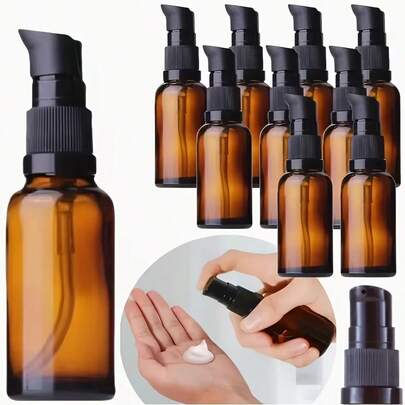 1pc 10ml/30ml/50ml/100ml Amber Glass Lotion Bottle/Pump Bottle 1.01oz/1.69oz/3.38oz Toner/Makeup Remover/Lotion Dispenser Bottle, Perfume/Essential Oil/Soap Dispenser Container, Reusable Shampoo Travel Accessory