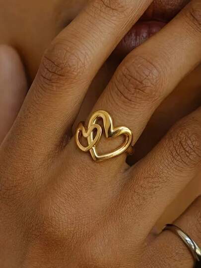 Anillo de acero inoxidable para mujer, joya con diseño de corazón, accesorio de uso diario ajustable y abierto, elegante declaración de moda