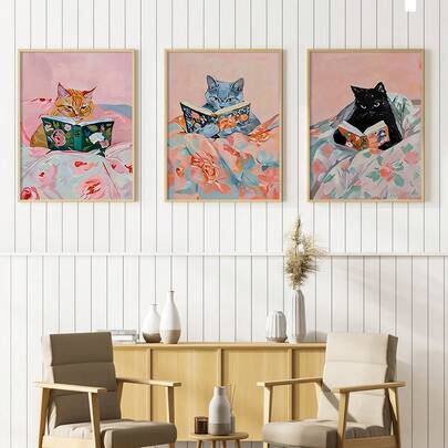 2D Flat Art, Set Of 3 Pieces Of Cats Reading Books Series, Ideal Wall Art For Study Room Or Reading Room. Perfect Decoration For Book Lovers, Especially Suitable For Study Area. Frameless Canvas Paintings