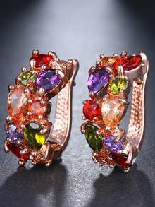 1 par de pendientes de aro vintage con circonita sintética de colores variados, accesorios versátiles para uso diario para mujeres - Pendientes - Ver 8