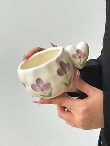 1 pièce Tasse à café et soucoupe en céramique avec poignée en forme de tulipe, avec poignée en forme de cœur/soucoupe à motif floral de tulipe violette avec bord ondulé , Tasse à café de style campagnard mignon, convient pour le thé de l'après-midi et les cadeaux - Multicolore - Voir 10