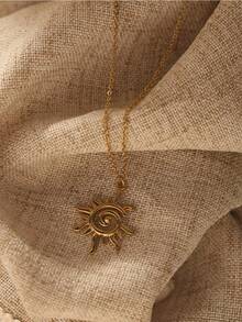 1pc Minimalist 18K Gold Plated Stainless Steel Sunburst Pendant Necklace, Spiral Design Choker, Elegant Summer Jewelry For Women, Daily Wear Gold Chain - 金色 - 查看 5