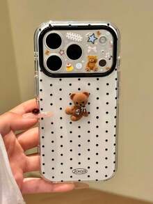 Ốp lưng điện thoại hình gấu 3D nơ chấm bi Kawaii bảo vệ toàn màn hình, tương thích với iPhone 17 Pro Max, 16 Pro Max, 15 Pro Max, 17 Pro Max, 16, màu kẹo ngọt, bao phủ toàn bộ màn hình, quà tặng. - Chấm bi đen - Xem 2
