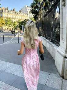 Elegant Floral Print Patchwork Casual Party Dress, Graceful Women Long Dress For Holiday White Summer - 粉色 - 查看 5