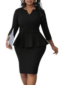 Plus Size Vintage Peplum Pencil Dress For Work Or Church - 黑色 - 查看 7