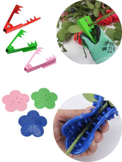 1件/2件/3件装专业玫瑰除刺器，通用尺寸，适用于大多数花茎，重型防锈金属/柔软弹性塑料玫瑰除刺夹，耐用花艺师专用除刺工具 | 精致花艺级设计，鲜艳的红/绿/粉/蓝花瓣造型及三角形叉状结构，温和不伤花刺和叶片去除技术