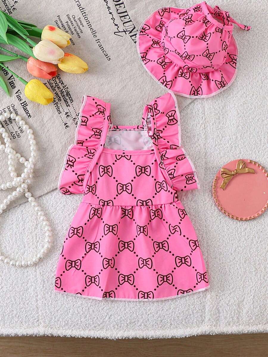 Cute Cat & Dog Bow Print Hat Dress - Rose Red - View 1