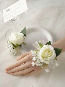 1pc White Rose Baby's Breath Boutonniere For Men Wedding, Elegant Rose Corsage For Groom Groomsman Wedding Decor, Wrist Corsage For Bride Bridesmaids Boutonniere For Prom Party Engagement Homecoming Father Daughter Dancing Romantic Wedding Valentine's Day Accessories - 白色 - 查看 4