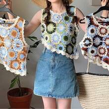 Women's Retro Patchwork Hollow Crochet Asymmetrical Knit Vest Top - Multicolor - View 4