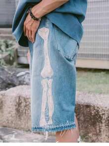 Men's Vintage Washed Skeleton Bone Embroidered Denim Shorts, Loose Fit Frayed Hem Knee Length Streetwear Jeans Shorts - Màu xanh lam - Xem 2