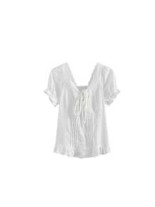 Bow Tie Lace Trim Short Sleeve Blouse For Women, Summer Design Sense Fitted Waist Unique Pure Sweet Hot Girl Top White - White - View 6
