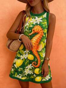 Women's Casual Vacation Seahorse & Lemon Fruit Print Sleeveless Slip Dress, Spring/Summer - Multicolor - View 4