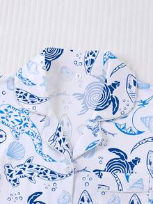 2pcs/Set Women's Pajama Set, Marine Life Print, Women's Loungewear, Spring/Summer Holiday Outfit, Short Sleeve Lapel Top And Shorts, Can Be Worn As Outerwear - Multicolor - View 3