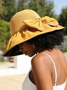 1pc Women's Straw Woven Wide Brim Bucket Hat, Bucket Hat,Flat Cap,Beret,Summer UV Protection Sun Hat, Foldable Beach Cap For Vacation Sun Hat - Multicolor - View 10