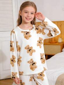 2pcs Tween Girl Pajama Set, Cute Bear Cartoon Pattern, Round Neck Long Sleeve Top And Pants, Flame Retardant Knit Fabric, Can Be Worn Outerwear, Suitable For All Seasons, Unisex For Boys And Girls - White - View 10