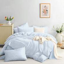 Blue Striped Duvet Cover Queen Size White Stripe Duvet Cover Dorm Bedding Set 3 Pieces Soft Lightweight Washed Microfiber Farmhouse Bedding Set Gifts For Women Men - 01 藍色條紋 - 查看 4