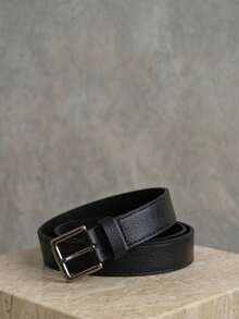 Women's Set Of Belts With Metallic Roller Buckle In Minimalist Faux Leather - Black and Beige - View 9