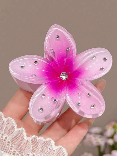 1pc Woman Sparkling Rhinestone Plumeria Flower Hair Claw Clip Gradient Pink Acrylic Floral Hair Accessory For Women Beach Vacation Y2K Sweet Style