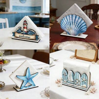 1/5pcsOcean Theme Wooden Napkin Stand Beach Style Starfish Seashell Tissue Holder For Kitchen Countertop Dining Room Table Centerpieces Nautical Party Table Decor