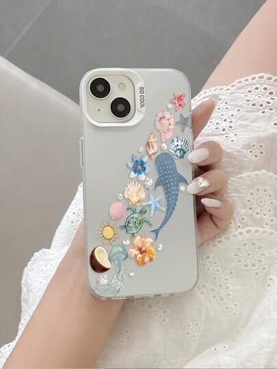 1 pieza Funda protectora de teléfono de TPU de alta gama y colorida con diseño de ballena, tortuga, medusa, flor y perla falsa, compatible con Apple 17, Air, 17Pro, 17ProMax, 16ProMax, 16E, 14/13, 12, 11 Pro Max, XS Max, X, XR, 8, 7, Plus, Mini y Galaxy A13 4G, S21, A16, A34 5G, S25, a prueba de golpes, adecuada como regalo de cumpleaños, novia, novio o para uso personal