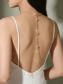 Cadena de espalda con colgante de perla falsa para accesorio de vestido de novia para banquete de boda - Cadena de espalda con diamantes brillantes, cadena de espalda transparente, cadena corporal - A - Ver 1