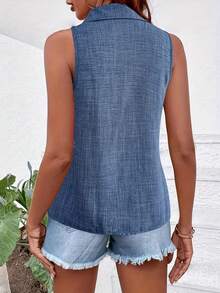 Áo vest trơn màu cài cúc phía trước, áo tank top không tay cổ bẻ kiểu dáng thường ngày mùa hè - Màu xanh lam - Xem 3