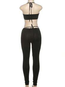 Women's Solid Color Backless Camisole Top And Lace-Up Pants Sexy 2-Piece Set, Spring/Summer, Suitable For Beach Bikini, Party, Street Fashion Black - 黑色 - 查看 5