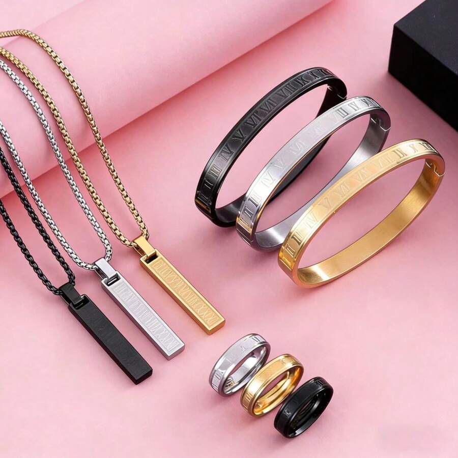 3pcs Stainless Steel Roman Numeral Bracelet, Ring & Necklace Jewelry Set, Suitable For Daily Wear
