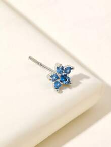 1pc Aquamarine Zirconia Flower Nose Stud, Real Nose Piercing Jewelry For Daily Wear - Blue - View 2