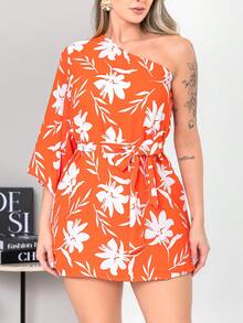 Women's Elegant Printed One-Shoulder Short Jumpsuit With Belt | 3/4 Sleeve Flare Casual Chic - 橘色 - 查看 5