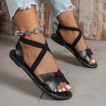 Sandalias planas de cuero negro con elástico cruzado, cómodas y transpirables, adecuadas para la playa, fiestas, reuniones, el hogar y diversas ocasiones - Negro - Ver 12