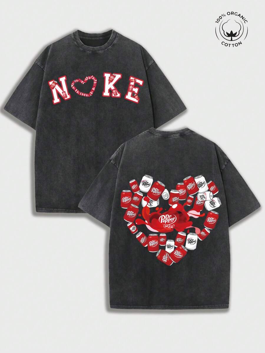 Retro Washed DrPepper Heart Print T-Shirt, Summer Menswear Fashion, Y2K Cool Style Casual Top, Comfortable Carnival Pattern T-Shirt, Ideal Gift For Friends, Summer Menswear, Shirts, Carnival Pattern T-Shirts, Summer Clothing, Comfortable And Stylish T-Shirts. - 黑色 - 查看 1