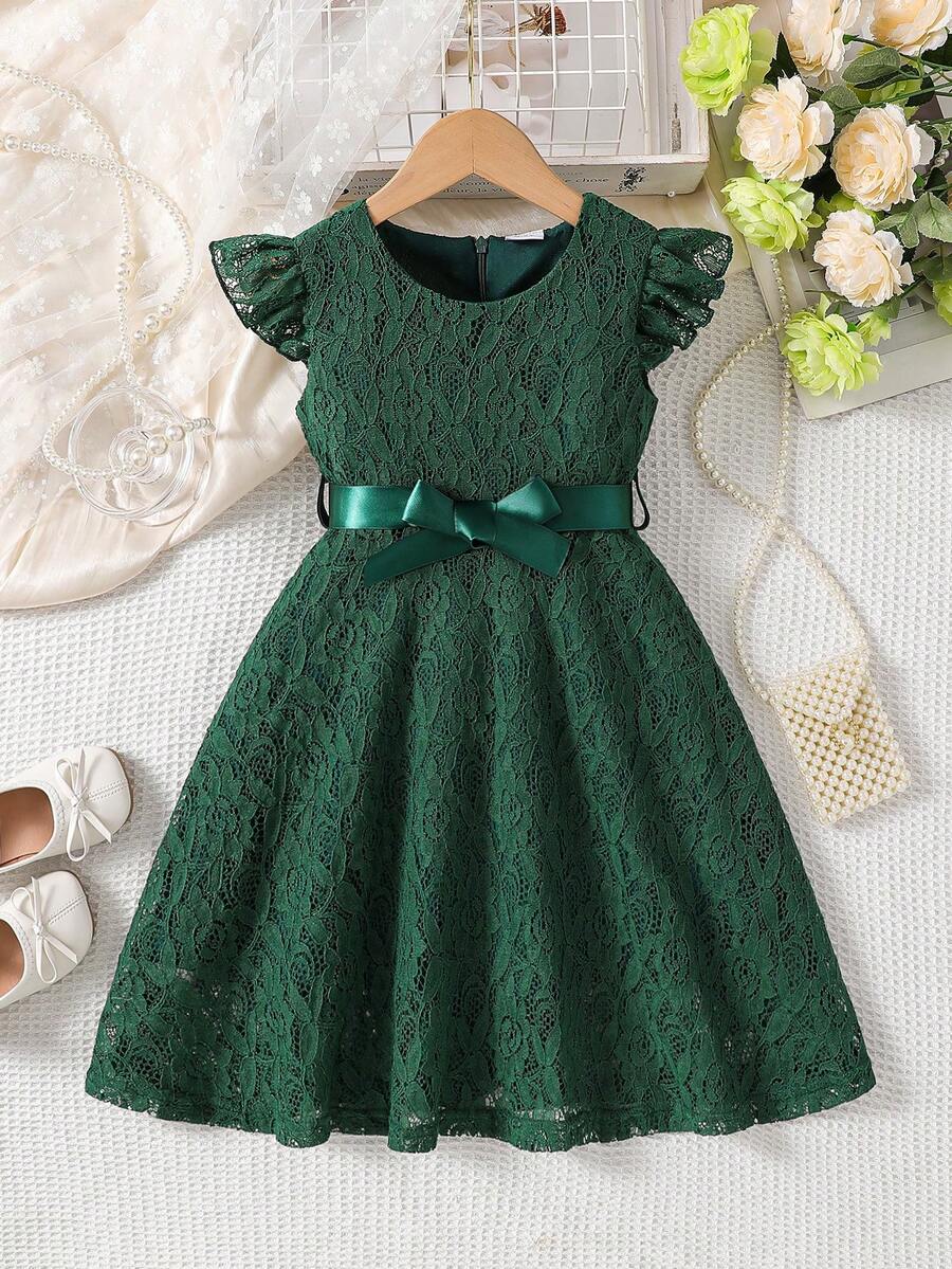 coviviky Young Girls Ruffled Cap Sleeve Round Neck Solid Color Lace Dress With Belt, Sweet, Cute, Elegant For Party, Wedding - Dark Green - View 1