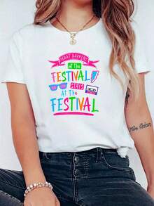 Camiseta 100% Algodón Unisex con Diseño de los 80 para Mujer, Atuendo para Rave y Disfraz de Festival de los 80, Camiseta Casual de Manga Corta con Cuello Redondo y Estampado Gráfico 100% Algodón - Blanco - Ver 6