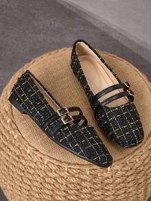 WHDXY Giày cao gót đế thấp mũi vuông kiểu Mary Jane kẻ caro vải tweed dành cho nữ, phù hợp cho công sở, đi làm, hẹn hò và mặc hàng ngày. - màu đen - Xem 3