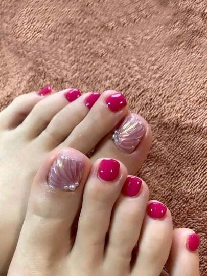 Y2K红色亚克力脚趾甲贴纸，24片短款矩形按压式脚趾甲，DIY艺术搭配白色珠子，3D装饰假指甲 - 非常适合美甲沙龙、女性日常佩戴、节日派对以及作为礼物