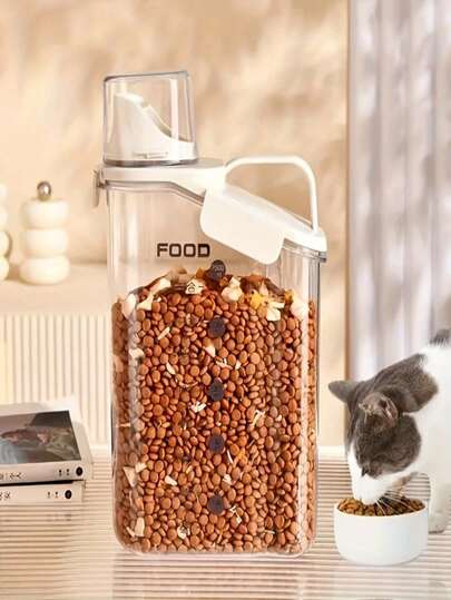 1pc Airtight Pet Food Storage Container - Moisture-Proof Transparent, With Measuring Cup And Handle - Ideal For Organizing Dog/Cat Dry Food, Easy-To-Feed Container, Pet Food Storage Box