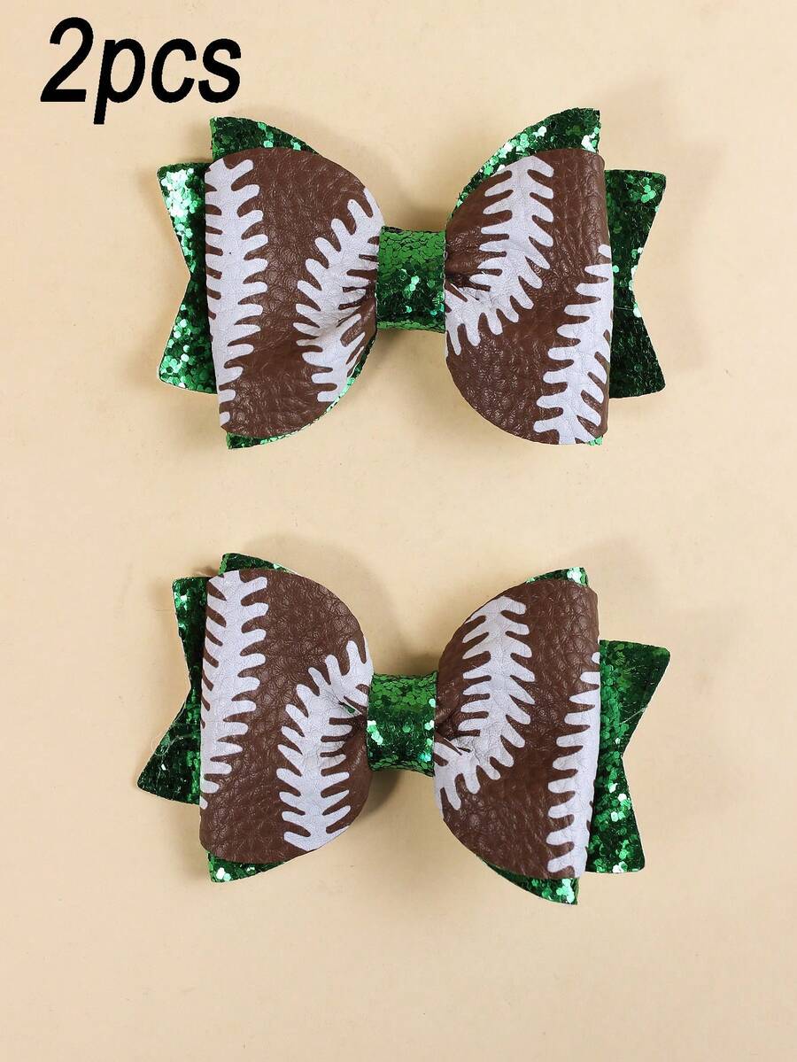 2pcs Baseball Print Bow Hair Clips, Minimalist Practical Multifunctional - Brown - View 1