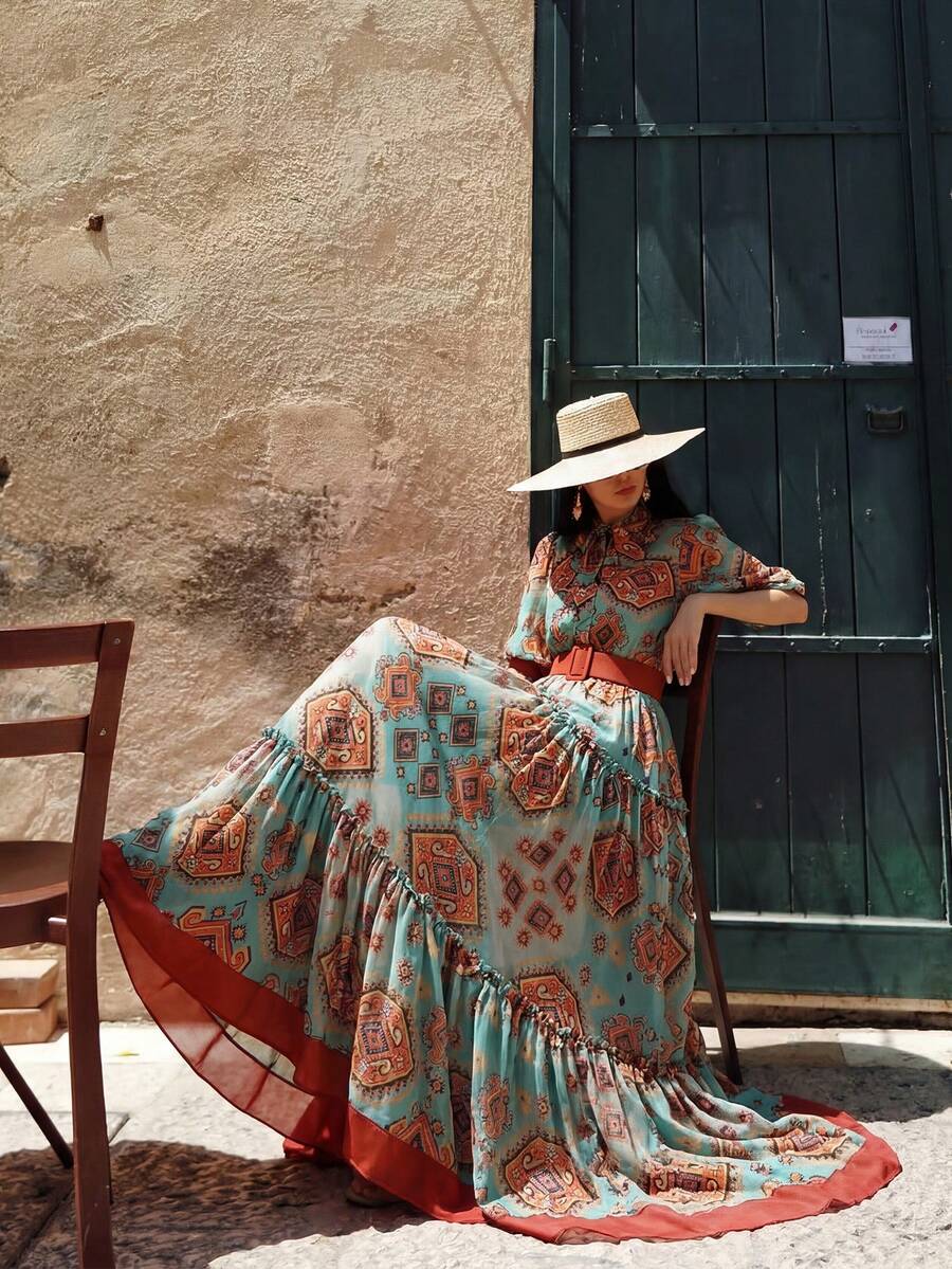 Elegant Romantic Printed & Solid Color Fabric Belt Dress, Resort Style For Women Summer - Multicolor - View 1