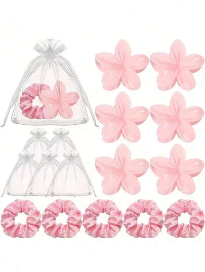 15pcs/5sets Bridal Hair Accessories Set, Bridesmaid Headbands, Proposal Gift, Party Favors (Including 5 Flower Hair Clips, 5 Ribbon Hair Ties, 5 Mesh Bags), Suitable For Wedding, Proposal, Birthday, Mother's Day, Bachelorette Party, Anniversary, Graduation Decor, Party Favors, Valentine's Day, Halloween, Christmas Gifts, Bachelorette Party And Anniversary Gifts