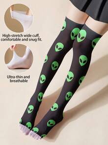 半双装薄款3D外星人印花连裤袜 - 独特创意设计，未来感十足 - 360度印花过膝袜 - 彩色 - 查看 2