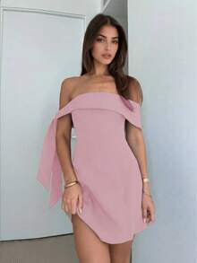 Đầm màu nâu kiểu dáng thanh lịch, trễ vai, eo cao, gợi cảm, phong cách thời trang Âu Mỹ, thích hợp cho tiệc tùng/hẹn hò, đầm mùa hè cho nữ. - Hồng - Xem 5