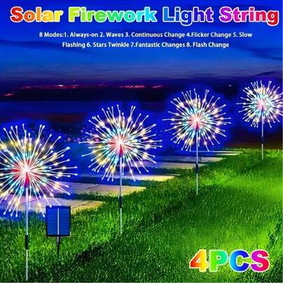 4套320颗LED太阳能烟花灯户外装饰，太阳能花园灯带240颗LED星爆灯，8种模式，适用于商场、房车、露营、婚礼、圣诞节、后院派对、花园等场合。