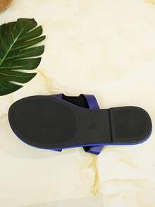 Dép đế bằng mũi tròn họa tiết hoa 3D cho nữ, dép xỏ ngón hở mũi, dép đi biển đi chơi mùa hè, màu trơn - Màu xanh lam - Xem 12