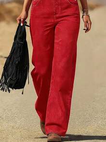 Women's Western Vintage Washed Loose Adjustable Shoulder Strap Denim Overall Workwear Pants, Washed Denim Fabric, College Style, Fashionable And Elegant Outfit, Suitable For Back-To-School, Teachers, Outings, And Travel Wear - Đỏ - Xem 6