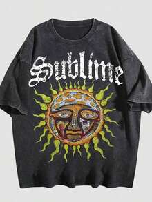 Washed T-Shirt Men Women Unisex Retro "Sun" Rock Band Graphic Oversized Short Sleeve Tee - 黑色 - 查看 6