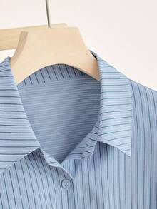 YUXIN 垂直條紋刺繡領片短袖 Polo 領女款寬鬆休閒襯衫，夏季白色 - 藍色 - 查看 8