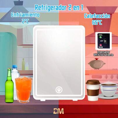 D&M Mini refrigerador,nevera para cuidado de la piel con espejo con luz LED regulable, Refrigerador portátil, Compacto y ligero, fácil de llevar. Adecuado para la oficina, el hogar, viajar camping y otros lugares, puede mantener las bebidas frescas, frutas, cosméticos, leche materna y así sucesivamente. Equipado con un espejo y luz LED, conveniente para el maquillaje y el maquillaje,BX-2