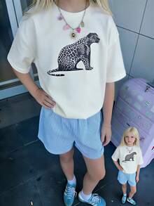 1件女童休闲动物印花圆领短袖T恤，夏季学生青少年服装 - 这款动物印花T恤为每个孩子带来欢乐和幸福！ - 杏色 - 查看 7